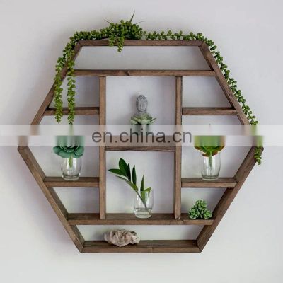 Home Decoration Rustic Farmhouse Solid Wood Hexagon Wall Mounted Floating Shelf Wooden Storage Shelves