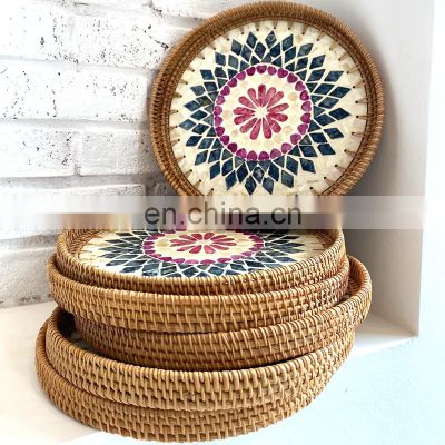 Rattan Tray With Mother Of Pearl, Boho Straw serving tray with Handle,Coffee Table Tray Wholesale Vietnam