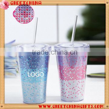 16 oz Insulated Double Wall Plastic Tumbler With Straw and Lid