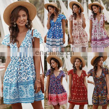 Hot Sale Women Deep V-Neck Casual Dresses Lady Holiday Print Short Sleeve Floral Summer Dress