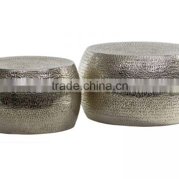 COFFEE TABLE SET / SILVER NICKEL PLATING HAMMER STOOL OR TABLE / METAL ROUND COFFEE TABLE