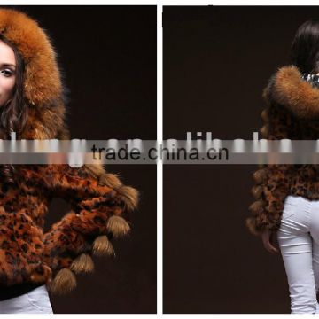 Elegant Sexy Leopard Women Fur Coat with Raccoon Fur Collar Full Sleeve Coat "11"