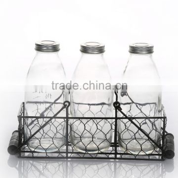 500ml Set 3 Glass Milk Bottle Set With Black Iron Basket