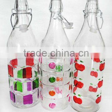hand painted pattern recycled cylinder glass bottle with swing top lid