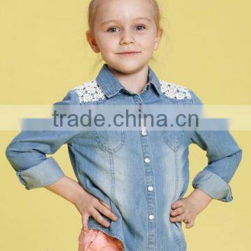 latest long sleeve denim shirts blouse with lace for girl