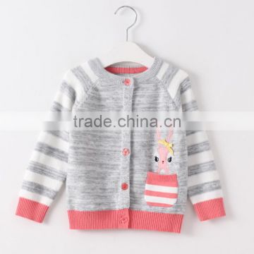 Grey and white striped baby girl raglan sleeve cardigan design for Autumn