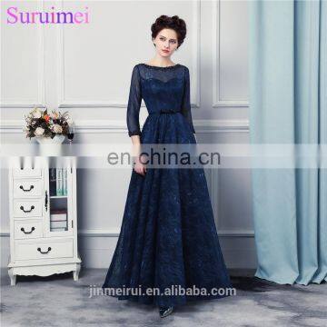 Navy Blue Long Bridesmaid Dresses High Quality Lace Floor Length 3/4 Long Sleeves Sheer Illussion Corset Brides Maid Vestidos De