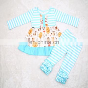 Autumn Winter New Design Kids Clothing Sky Blue Stripe Ruffle Baby Girl Clothes Outfits