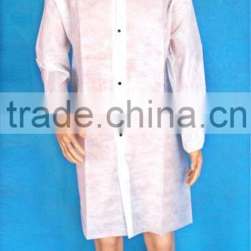 Disposable PP Non woven white /blue Lab Coat/visitor with elastic cuff &4 studs single collar