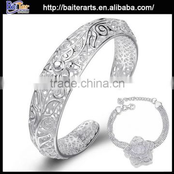 S925 Sterling Silver Bangles With Flower Design , 925 Sterling Silver Cuff Bracelets Bangles