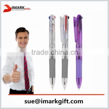 translucent 3 in 1 multi color plastic ball pen with rubber gripper