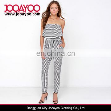 Black and White Striped Strapless Jumpsuit with Long Relaxed Pant Legs