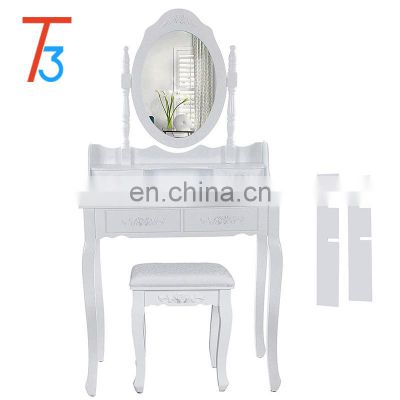 modern white wooden dressing table with mirror and stool