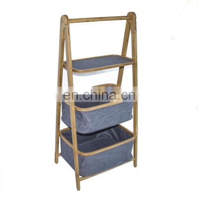 Newest 3 Tiers Foldable Bamboo Bathroom Corner Shelf with 2 Baskets Bathroom Storage Display Shelving Unit
