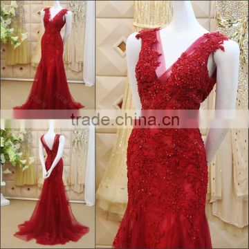 Red Lace Applique Beaded Mermaid Evening Dresses 2016 Real Picture Sexy V-neck Tulle Formal Party Gowns Free Shipping ML186