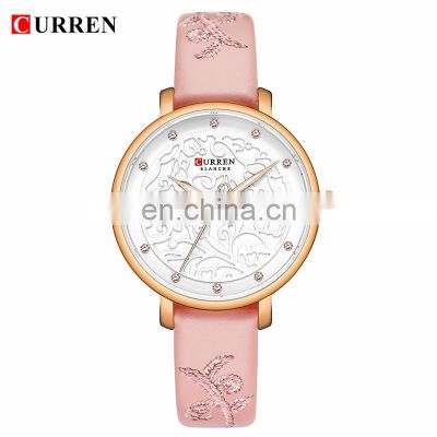 CURREN 9046 Women Simple Flower Pattern Elegant Watches Ultra Thin Dial Quartz Leather Fashion Wristwatch