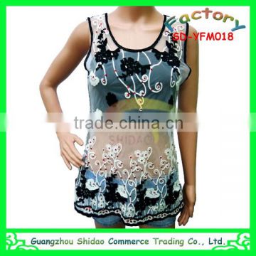 Fashion organza towel embroidery high quality women mesh embroidery blouses