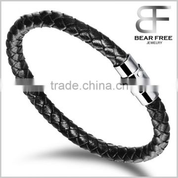 Wide Braided Leather Bracelet Bangle Black Fabric Leather Wristband Bangle with Stainless Steel Magnetic Box Clasp