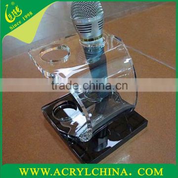 manufaturer direct sell acrylic microphone holder with engraving, transparent PMMA microphone rack with hot-bend forming