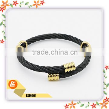 China supplier european style womens and mens adjustable black gold twisted cable wire steel bracelet bangle