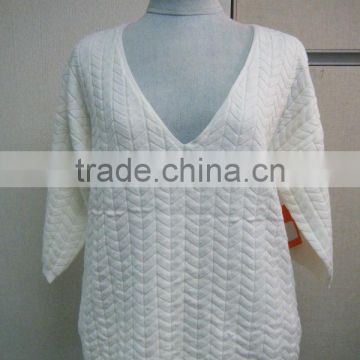 high fashion women's half sleeve V-neck white sweater