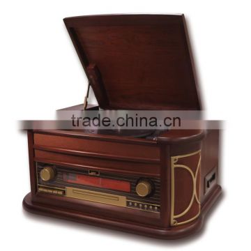 Antique wooden desktop turntable vinyl record player gramophone with BT,radio,CD/MP3/cassette/USB player,usb and PC encoding,LED