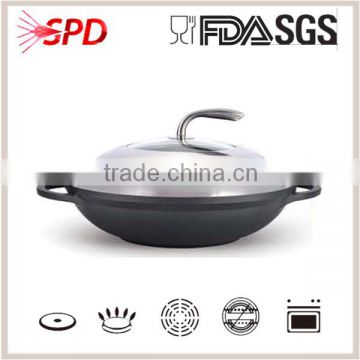 High quality SGS FDA fashion luxury norvel new energy saving die casting nonstick coating big wok with round visual metal lid