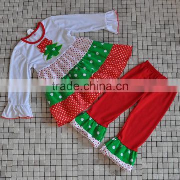 New Design Children Girls New Year Christmas Tree Polka Ruffle Boutique Clothing Outfits