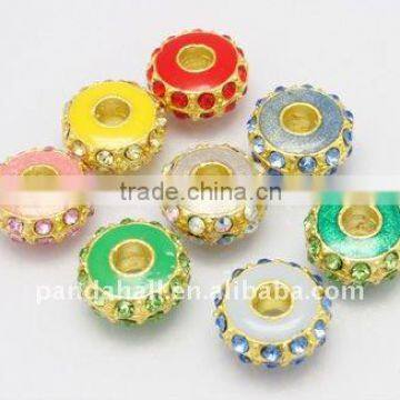 Alloy Rhinestone Beads, Enamel, Golden , Rondelle, Multicolor, Size: about 14mm diameter, 6.5mm thick, hole: 5mm(ALRI-B001-M)