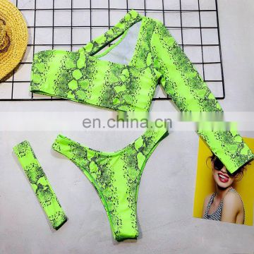 Just Arrivals STOCK Cut One One Shoulder Long Sleeve Swimwear 3 Pieces Swimsuit Green Snake Print Bikini