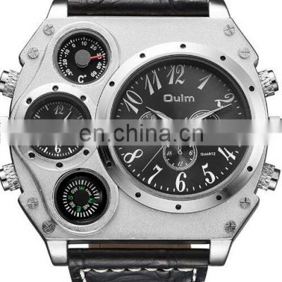 OULM 1349 Dual Time Men  Big Compass  Leather Strap Quartz Watch Relogio Masculino