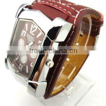 Heavy square mental watch with stitch PU leather strap