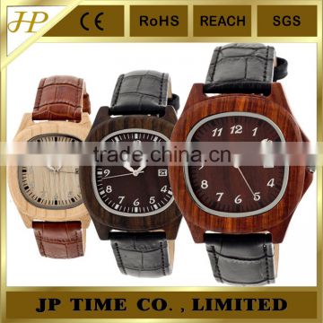 New coming natural square indonesia wooden watch leather strap date function