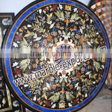 Black Marble Round Shape Dinning Table Top, Pietra Dura Marble Table