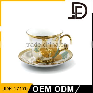 Janpanese style flower cup and yellow saucers for tea coffee with golden lace