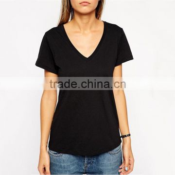OEM service 100% cotton v neck short sleeve women t shirt plain no brand t-shirt