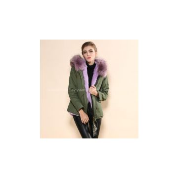 Army green fur coat purple fur collar for parka coats women fur hooded jacket
