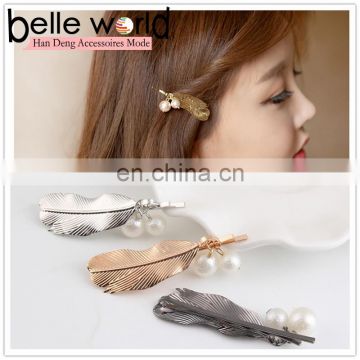Metal feather hairpins with two piece pearls clips