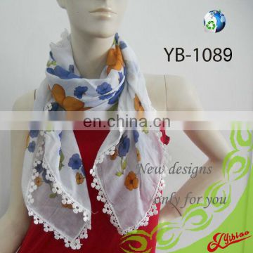 Scarf 2016 women Floral Printing Fashion Polyester-Voile Scarf with Lace