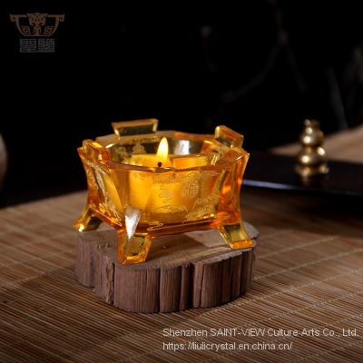 Circular Life: Crystal Glass Liuli Craft Candleholder Buddhism Worship Vessel Religious Pray