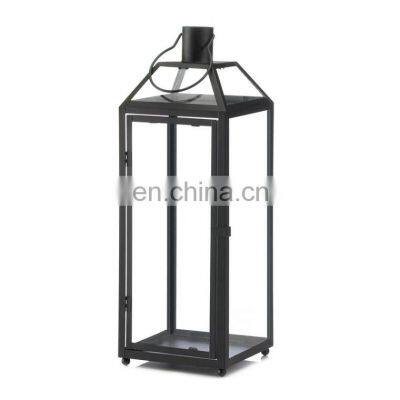 Large size black iron frame and slanted glass panels metal lantern candle lantern for home wedding decoration centerpiece