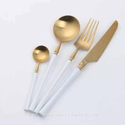 Set of 4 Pieces Matte White Gold Colored Stainless Steel Tableware Sets Small Waist Delicate Cutlery Knife Spoon Fork Set Dinnerware