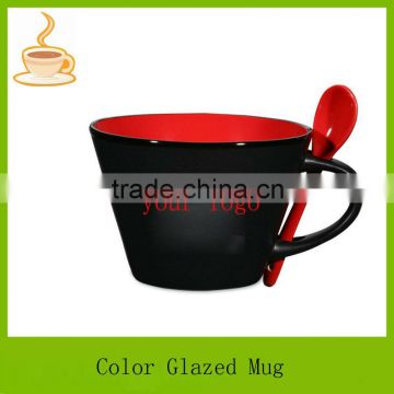 14oz red ceramic mug with spoon / fine stoneware cup / ceramic mug with spoon in handle