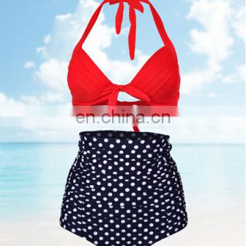 2015 Retro Sexy Women Girls High Waist Bikini Set Red Top &Wave Dot Bottom Swimwear