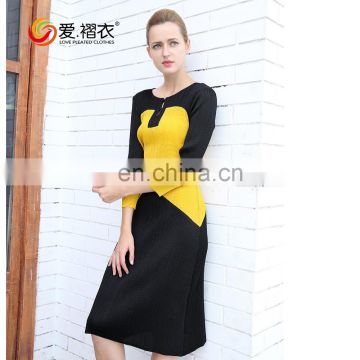 Mature women graceful color split joint lady fashion dress in yellow and black