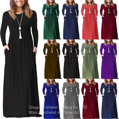 BS-FC914 Women's Long Sleeve Loose Plain Maxi Dresses Casual Long Dresses with Pockets