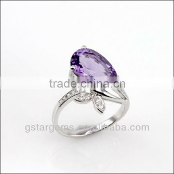 925 Sterling Silver Natural Gemstone Amethyst Rhodium Plated Jewelry CZ Ring