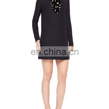 CHEFON Long sleeve feather bib crepe black evening dresses