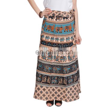 Jaipuri Bagru Print Peacock and elephant Print Cotton Long Wrap Skirt