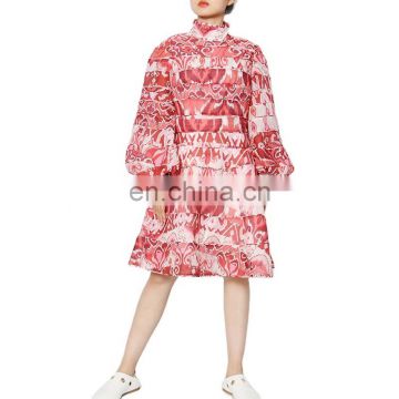 TWOTWINSTYLE Ruched Dress For Women Stand Collar Lantern Sleeve High Waist Elegant Printed Hit Color